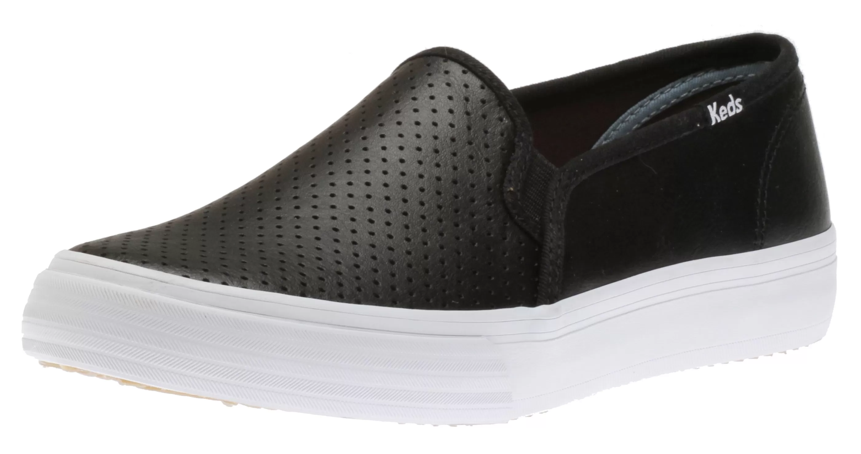 Online Double Decker Black Perforated Leather Slip-On Sneaker Women Casual