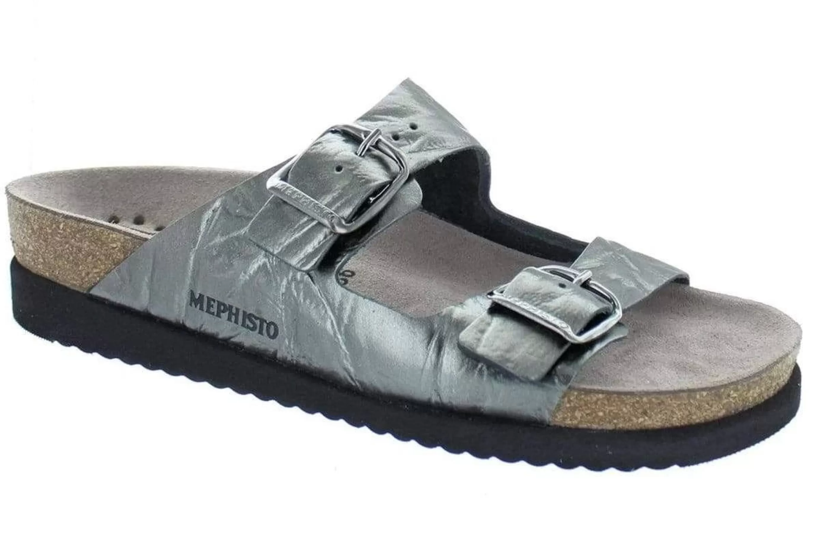 Discount Harmony Metallic Grey Leather Crinkle Slide Sandal Women Slide