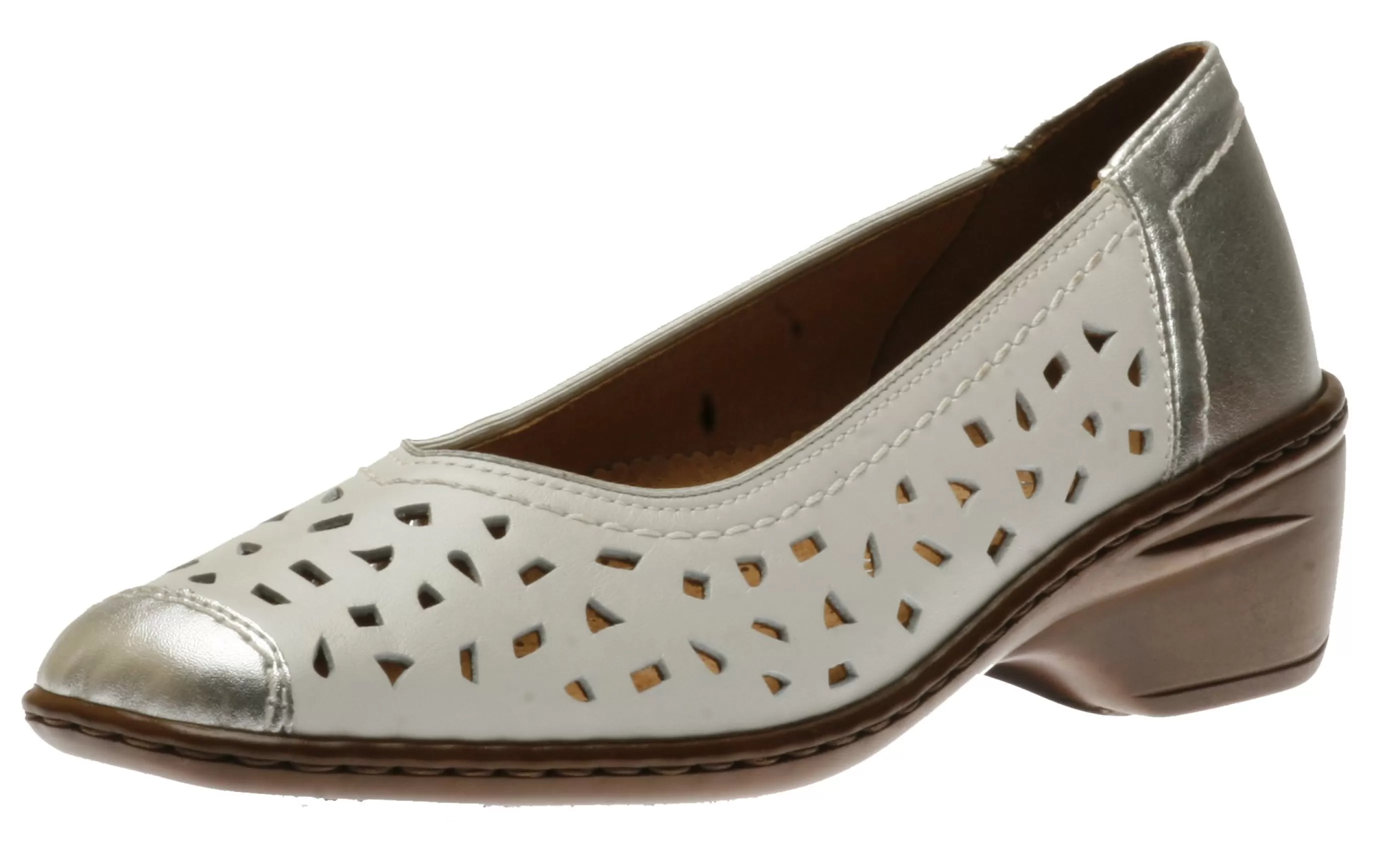 Cheap Rashida White Silver Perforated Leather Low Heel Pump Women Dress Casual